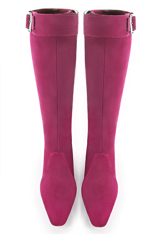 Fuschia pink women's feminine knee-high boots. Square toe. Medium block heels. Made to measure. Top view - Florence KOOIJMAN